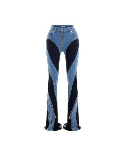 Mugler Blue Spiral-Pattern, Bi-Material Split Jeans
