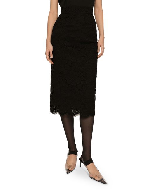 Dolce & Gabbana Black Branded Stretch Lace Midi Skirt