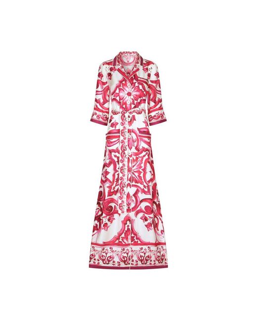 Dolce & Gabbana Red Long Maiolica Printed Twill Shirt Dress