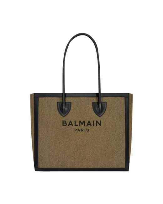 Balmain Green B-army 42 Canvas Tote Bag With Leather Panelss