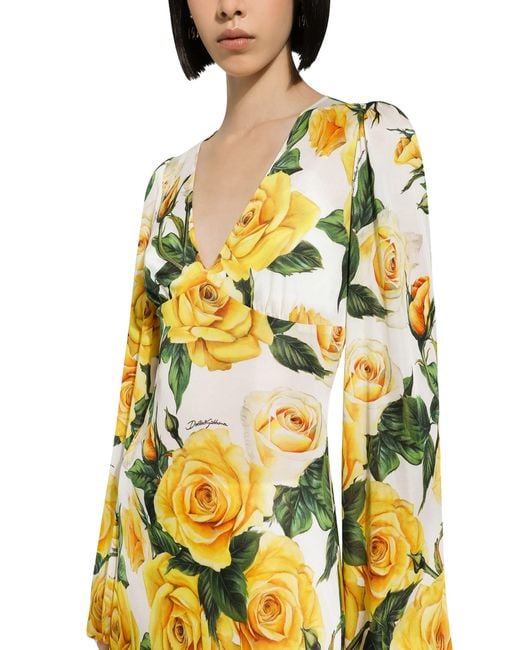 Dolce & Gabbana Yellow Organzine Kleid mit V-Ausschnitt