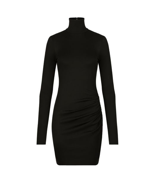 Dolce & Gabbana Black Midi Robe Manteau Dress In Stretch Wool