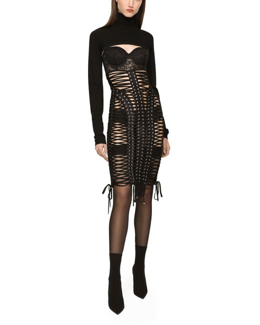 Dolce & Gabbana Black Midi Dress With Eyelets And Lacing