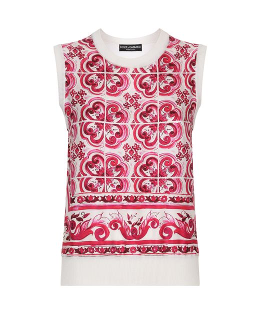 Dolce & Gabbana Red Silk And Twill Maiolica Print Sweater