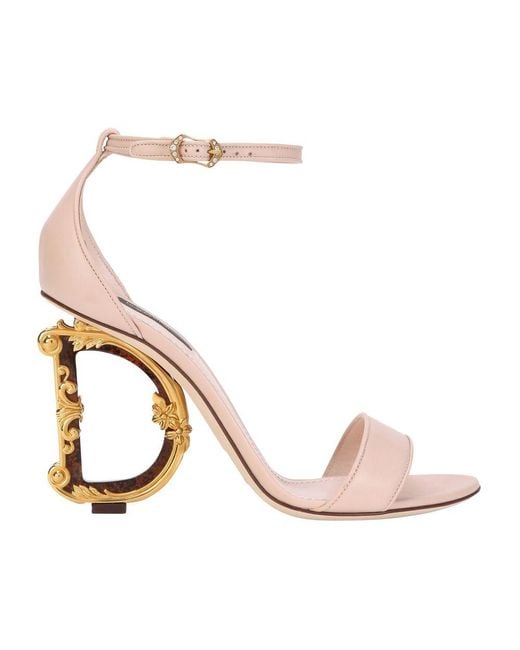 Dolce & Gabbana Pink Nappa Leather Sandals With Baroque D&G Heel