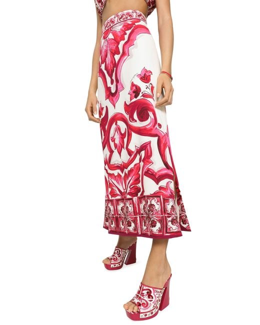 Dolce & Gabbana Red Majolica-Print Charmeuse Calf-Length Skirt With Slit