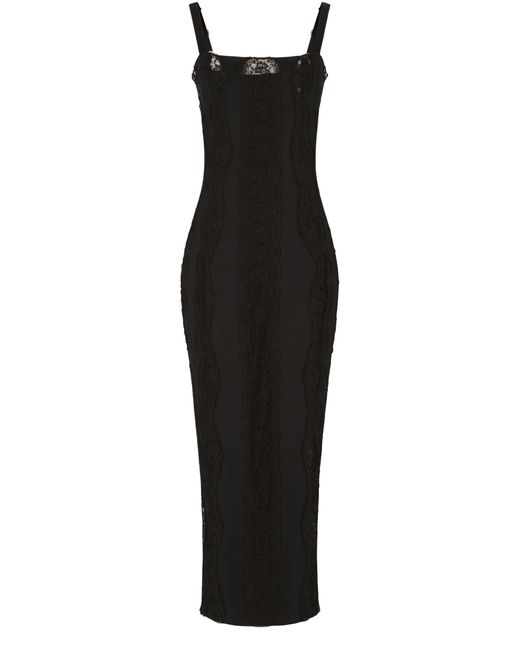 Dolce & Gabbana Black Jersey Calf-Length Dress With Lace Inserts