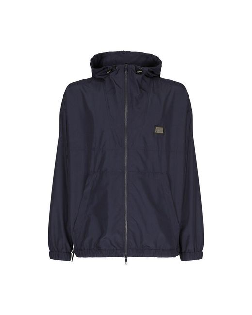 Dolce & Gabbana Blue Nylon Jacket With Hood And Logo Plaque for men