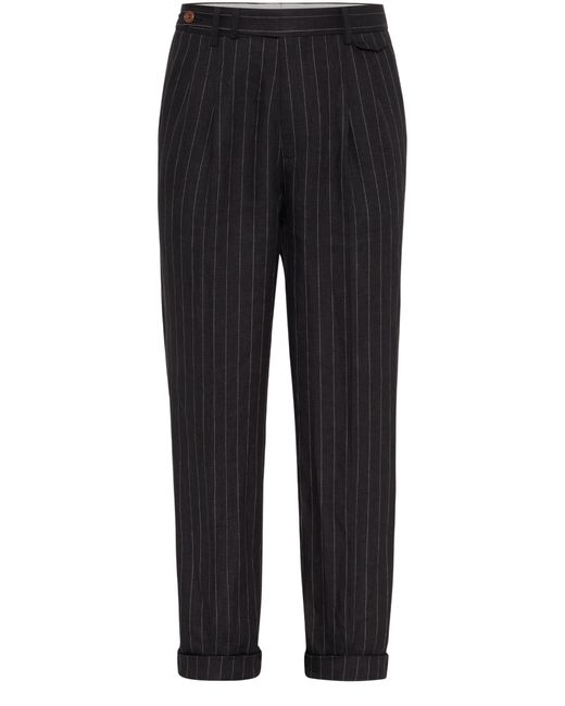 Brunello Cucinelli Black Chalk-stripe Linen Trousers for men