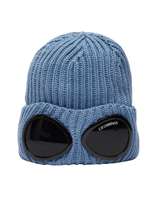 C P Company Blue Extrafine Merino Wool Goggle Beanie for men