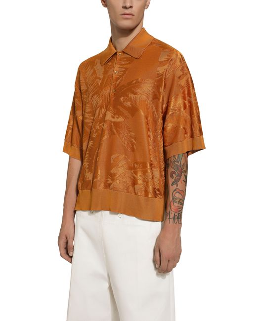 Dolce & Gabbana Orange Oversize Silk Jacquard Polo-Shirt for men