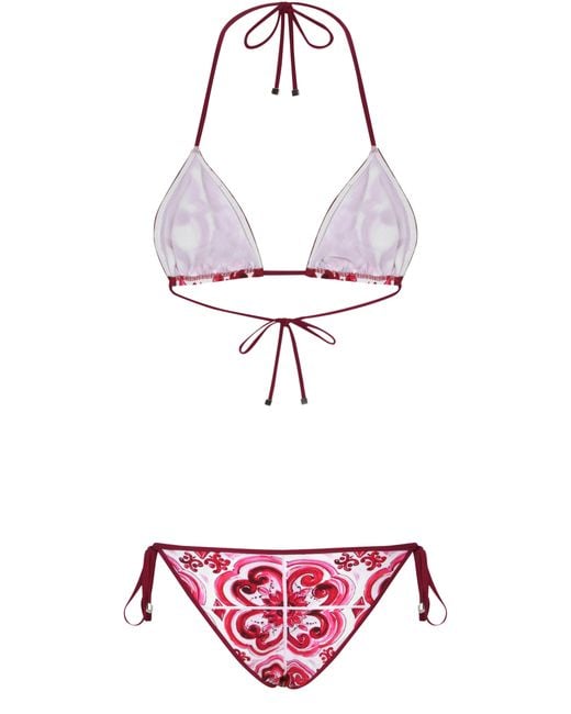 Dolce & Gabbana Red Majolica-Print Triangle Bikini