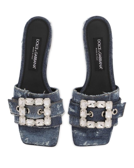 Dolce & Gabbana Black Slides aus Patchwork-Denim mit Strassstein-Schnalle