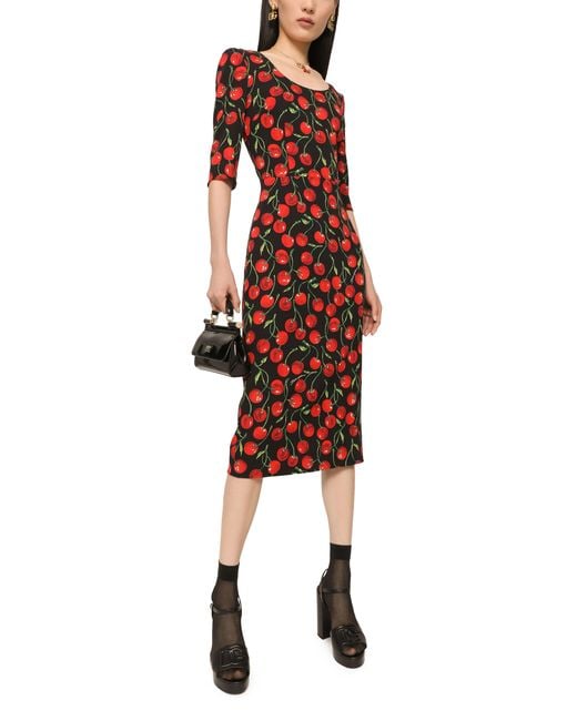 Dolce & Gabbana Red Longuette-Kleid Aus Charmeuse Kirschenprint