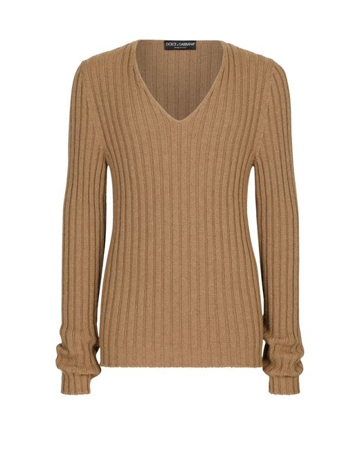Dolce & Gabbana Brown Camel Hair Ribbed V-neck Sweater for men