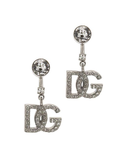 Dolce & Gabbana White Earrings With Dg Logo And Rhinestones