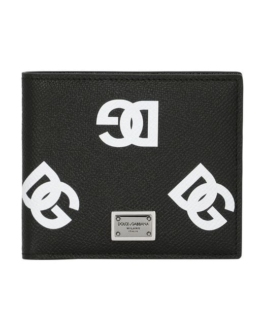 Dolce & Gabbana Black Calfskin Bifold Wallet With All-over Dg Print for men