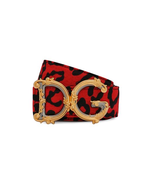 Dolce & Gabbana Red Leopard-print Brocade Belt With Baroque Dg Logo