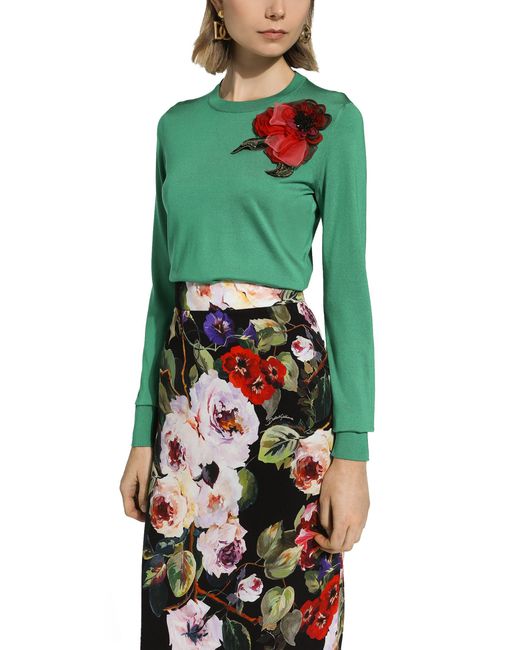 Dolce & Gabbana Green Silk Sweater With Flower Appliqué