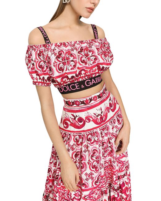 Dolce & Gabbana Red Short Top In Majolica Print Poplin