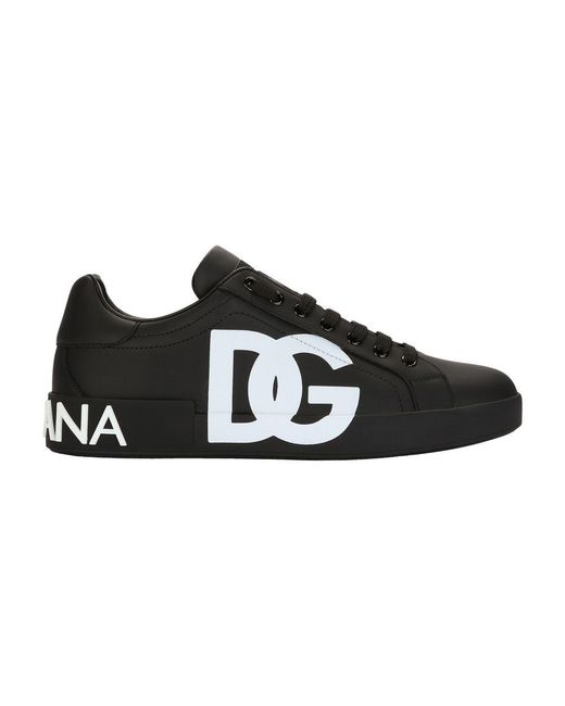 Dolce & Gabbana Black Calfskin Nappa Portofino Sneakers With Dg Logo Print for men