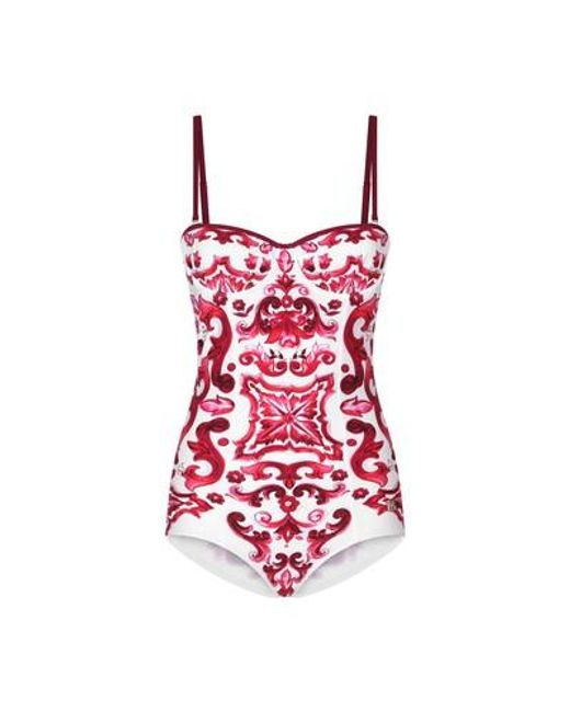 Dolce & Gabbana Red Majolica Print Balconette One-Piece Swimsuit