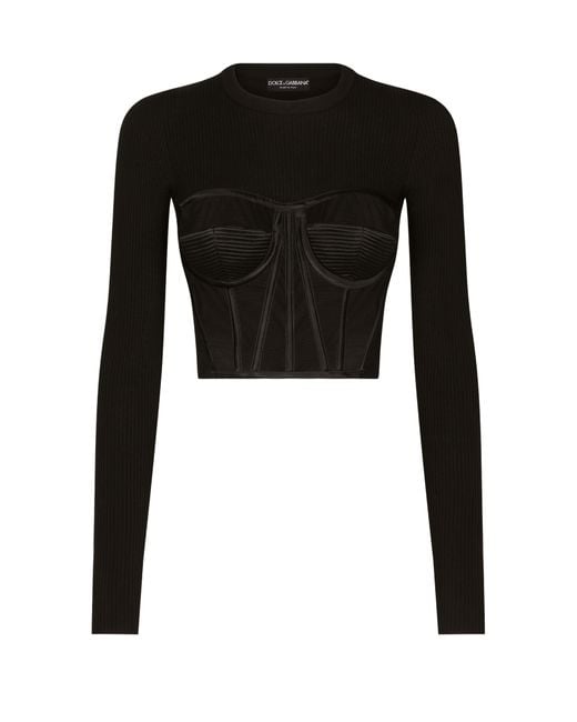 Dolce & Gabbana Black Bustier-Pullover aus fein gerippter Viskose