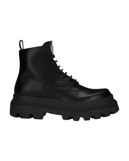 Dolce & Gabbana Black Logo Tag Leather Combat Boots Boots, Ankle Boots for men