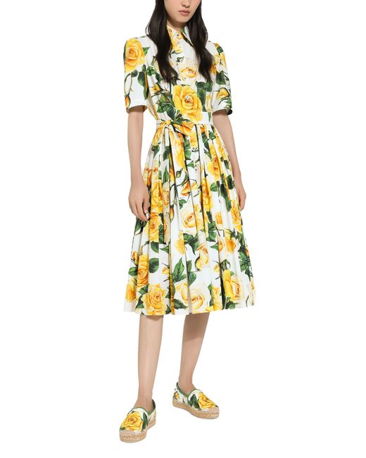 Dolce & Gabbana Yellow Hemdblusenkleid Aus Baumwolle Gelbe-Rosen-Print