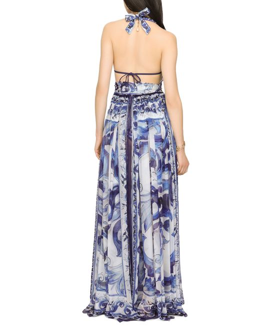 Dolce & Gabbana Blue Long Sleeveless Chiffon Dress With Majolica Print