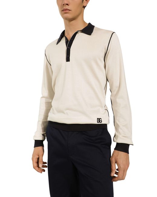 Dolce & Gabbana White Long-sleeved Silk Polo-shirt for men