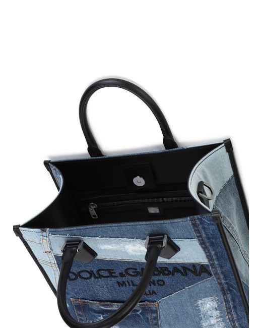 Dolce & Gabbana Blue Denim Patchwork Edge Shopper With Logo for men