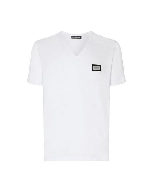Dolce & Gabbana White Cotton V-Neck T-Shirt With Branded Tag for men