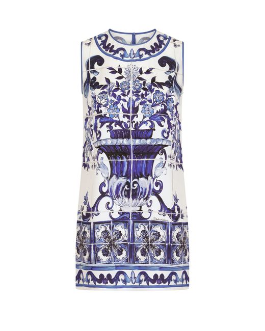 Dolce & Gabbana Blue Charmeuse-Top mit Majolica-Print