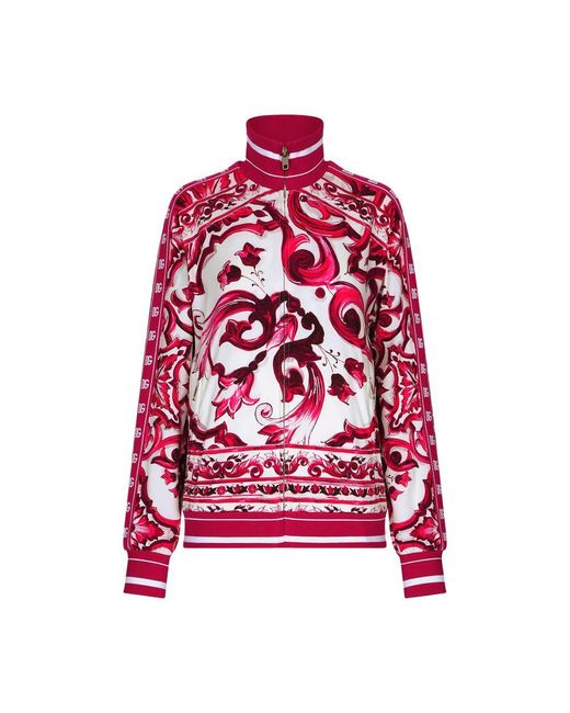 Dolce & Gabbana Red Cady Sweatshirt With Maiolica Print And Zip