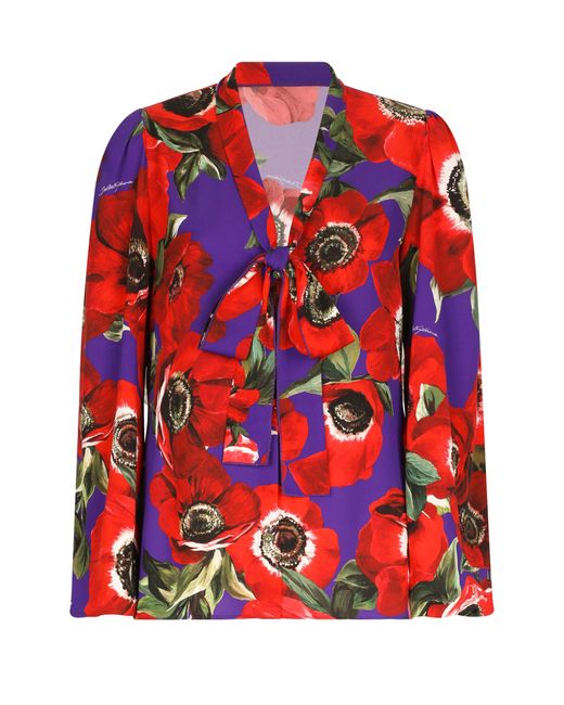 Dolce & Gabbana Red Charmeuse Shirt With Anemone