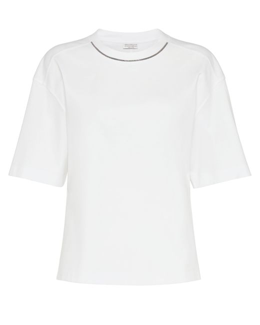 Brunello Cucinelli White T-Shirt mit Monili