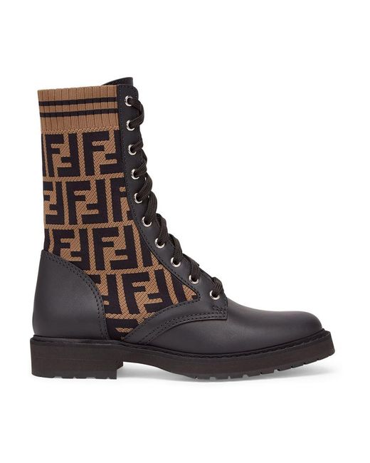 Fendi Brown Leather Biker Boots With Stretch Fabric