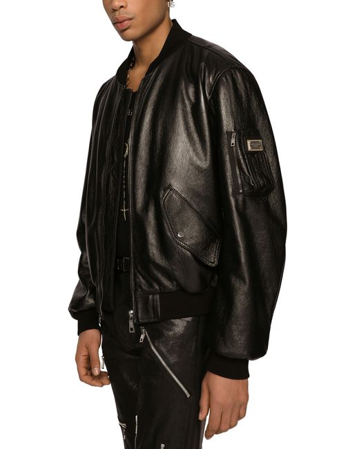 Veste en cuir avec étiquette à logo Dolce & Gabbana pour homme en coloris Black