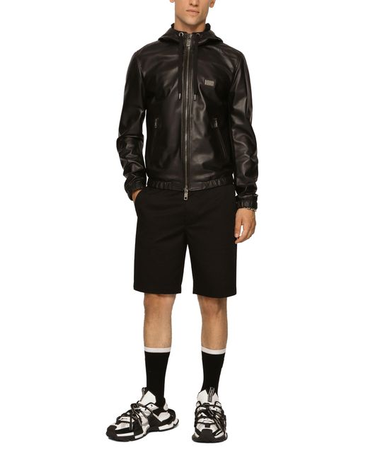 Dolce & Gabbana Black Leather Jacket With Hood And Branded Tag for men