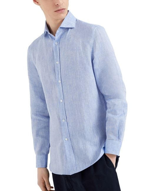 Brunello Cucinelli Blue Linen Easy Fit Shirt With Spread Collar for men