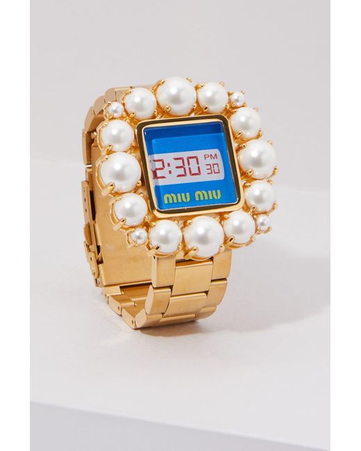 Bracelet-montre à ornements façon perle Miu Miu en coloris Metallic
