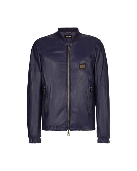 Dolce & Gabbana Blue Leather Jacket With Branded Tag for men