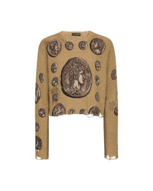 Dolce & Gabbana Metallic Linen Crewneck Sweater With Print for men