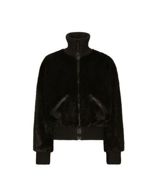Dolce & Gabbana Black Faux Fur Jacket With Logo Plaque for men