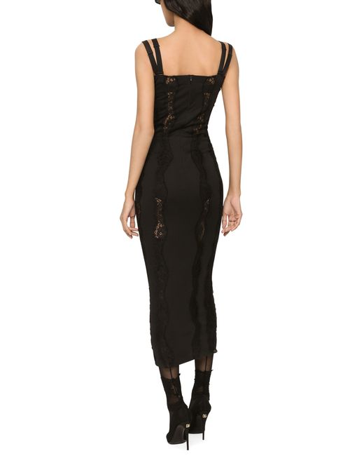 Dolce & Gabbana Black Longuette-Kleid Aus Jersey Mit Einsätzen Aus Spitze