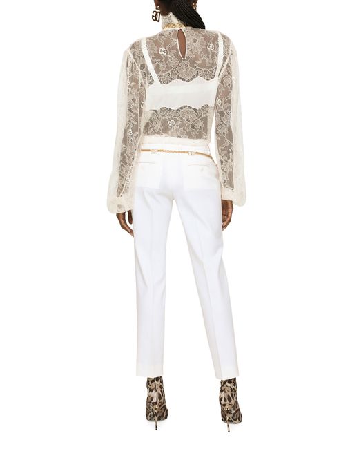 Dolce & Gabbana White Bluse mit hohem Kragen aus floraler Spitze