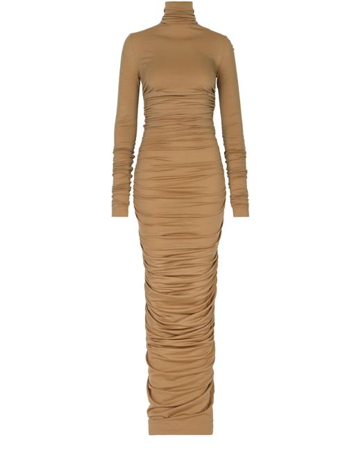 Dolce & Gabbana Natural Ruched Stretch-wool Maxi Dress