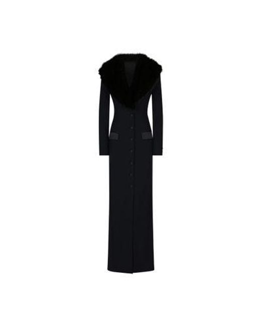 Dolce & Gabbana Black Long Silk Georgette Coat With Faux Fur Collar