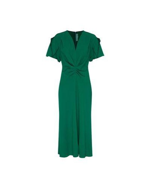 Victoria Beckham Green Gathered V-neck Midi Dress